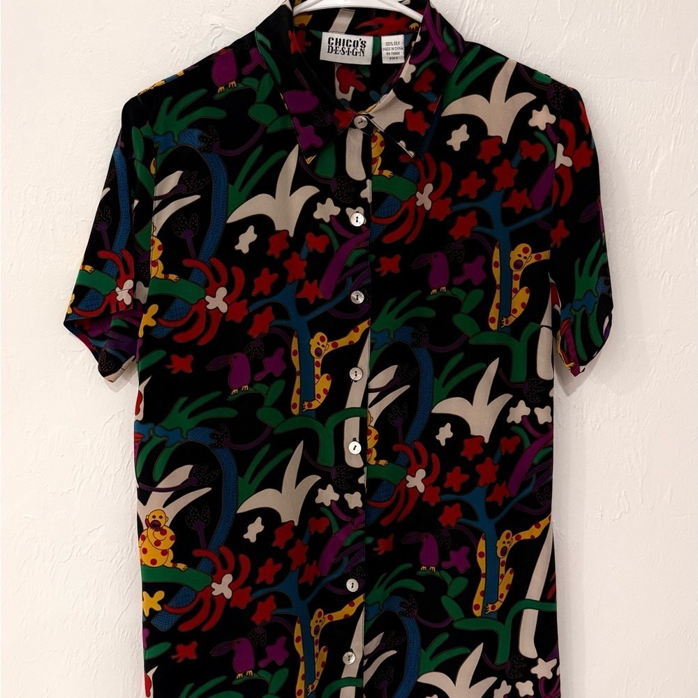 Chico's Design black silk print short sleeve blouse women size 0 - Picture 2 of 8